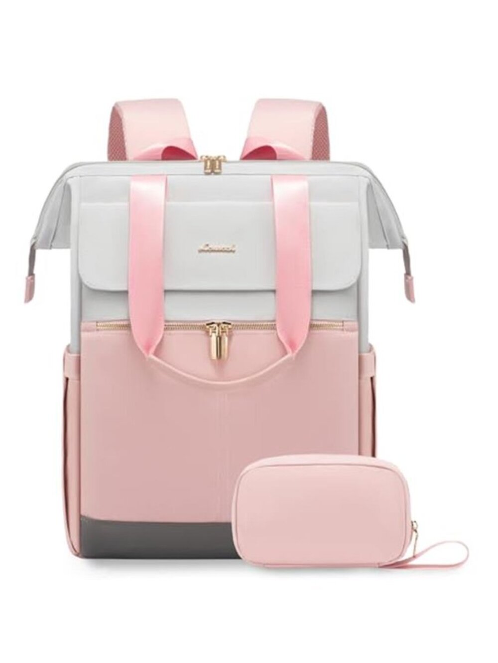 Womens Large Laptop Backpack 17 Inch Travel Work Bag USB Port Grey Pink 2PC